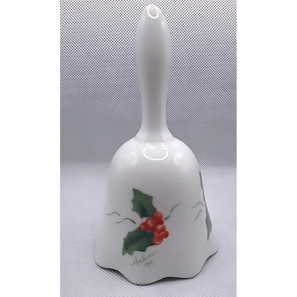 Vintage Hand Painted Christmas Bell Porcelain 1979 Holly Berries Arlene Signed